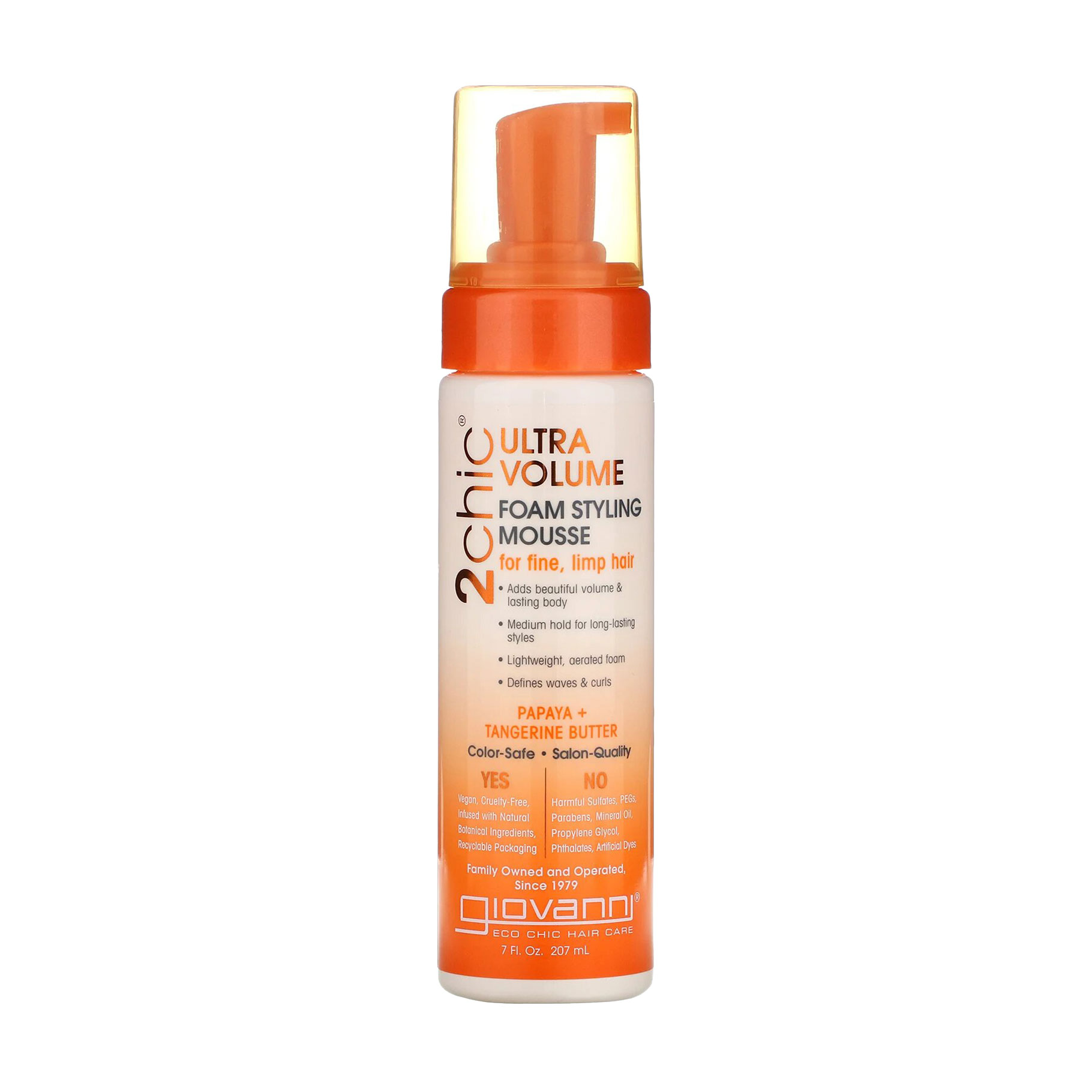 Пінка-мус для надання обєму волоссю Giovanni 2chic Ultra-Volume Foam Styling Mousse Tangerine &amp; Papaya Butter з мандарином та олією папаї, 207 мл